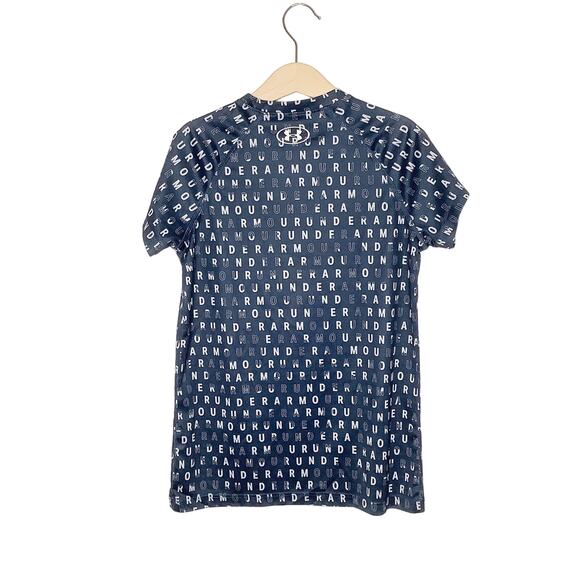 Under Armour Blue Gray White Spellout Logo Short Sleeve Athletic Tee Medium - Picture 2 of 7